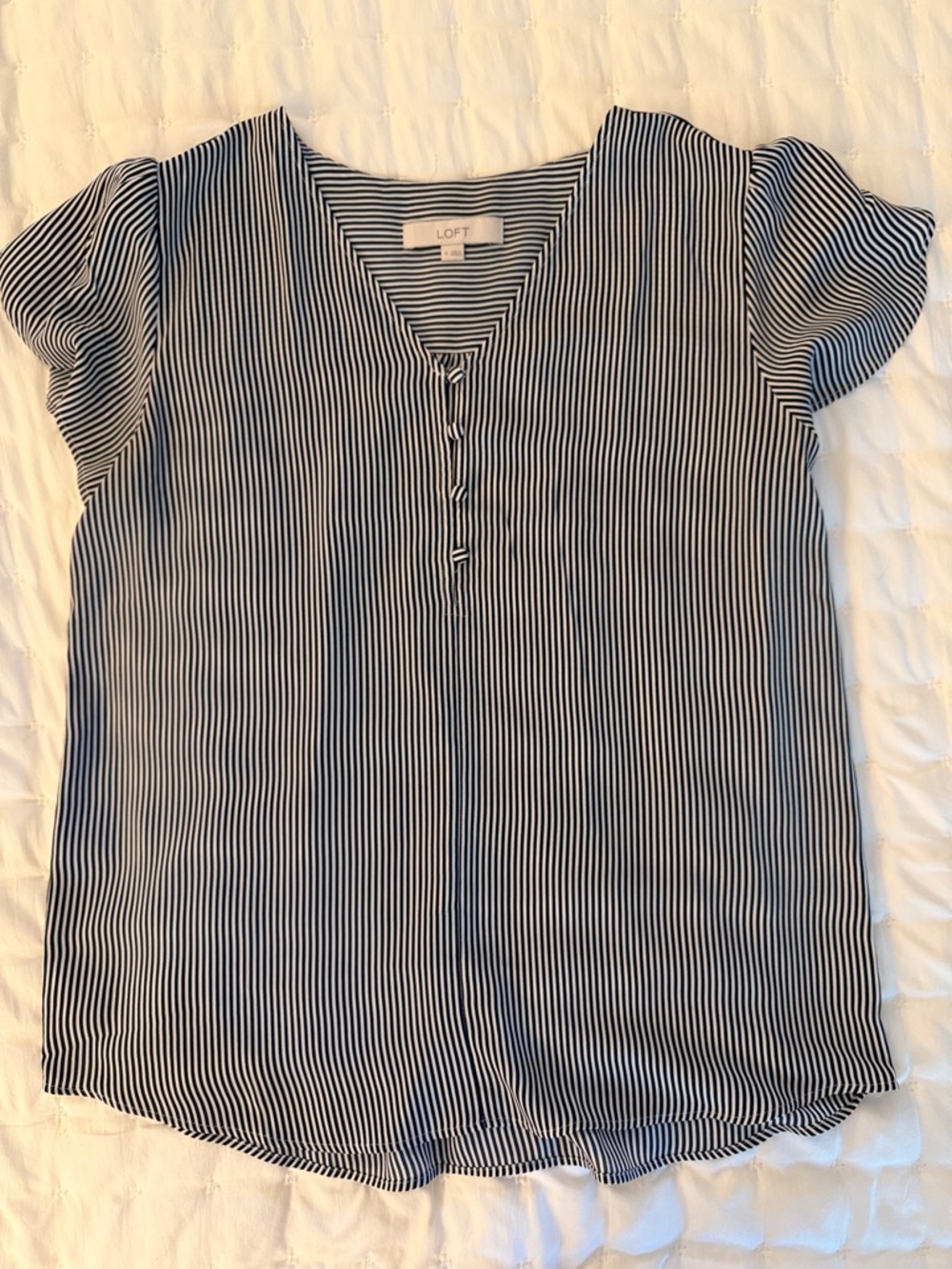 LOFT Blue and White Vertical Stripe V-Neck Button Top